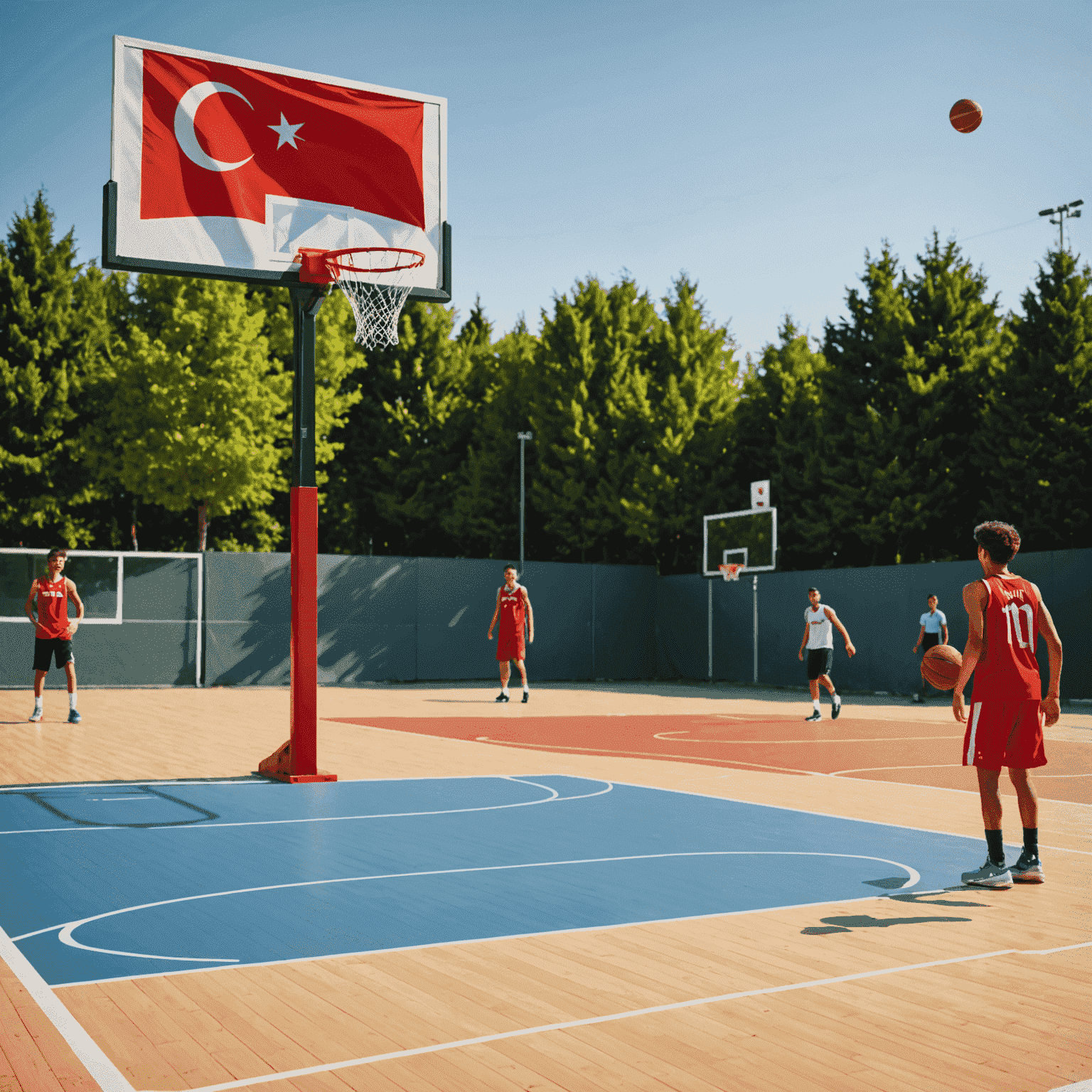 Basketbol sahası ve potası, arka planda Türk bayrağı ile birlikte görünüyor. Sahada genç basketbolcular antrenman yapıyor.