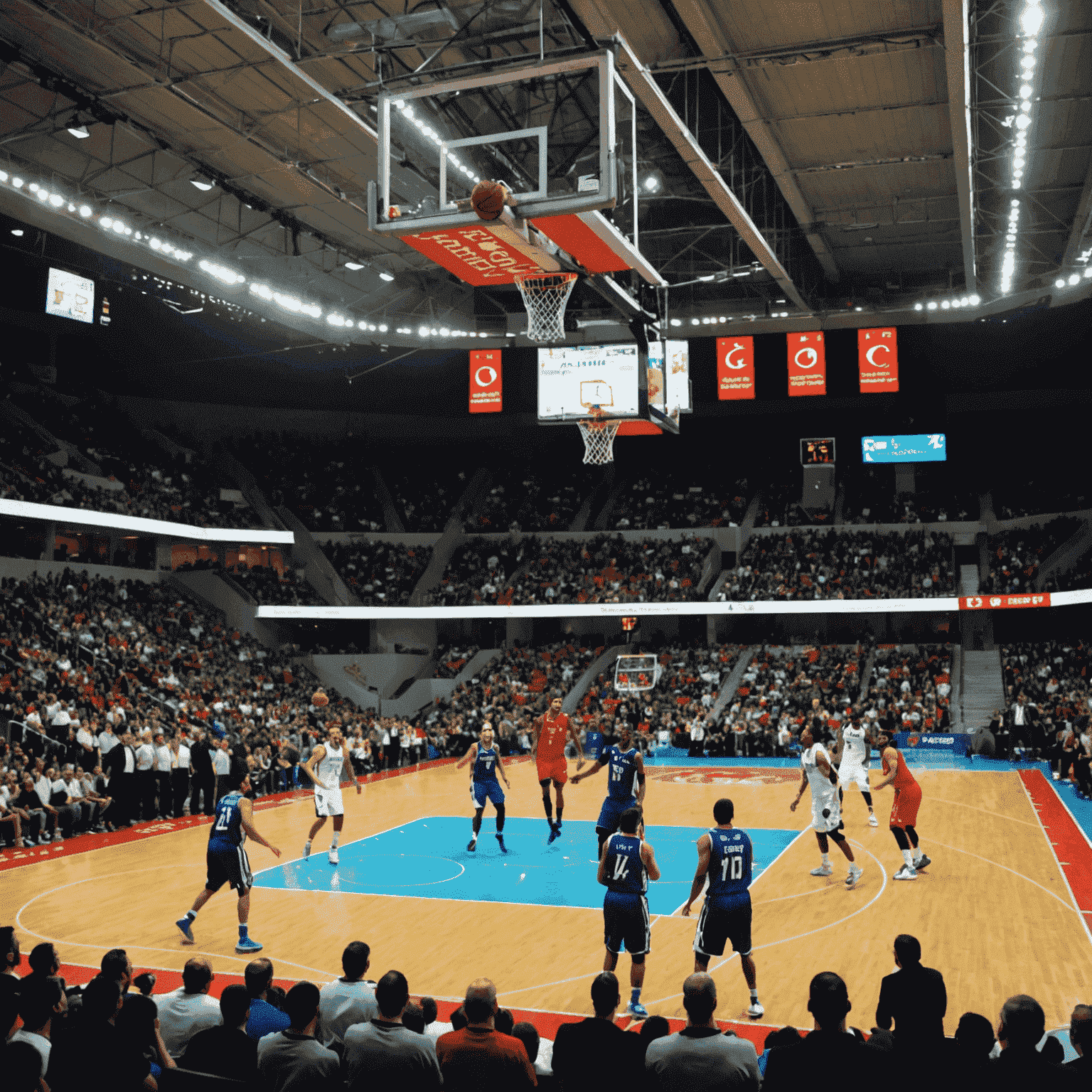 Türk basketbol liginden heyecanlı bir maç anı, tribünler dolu ve oyuncular sahada mücadele ediyor