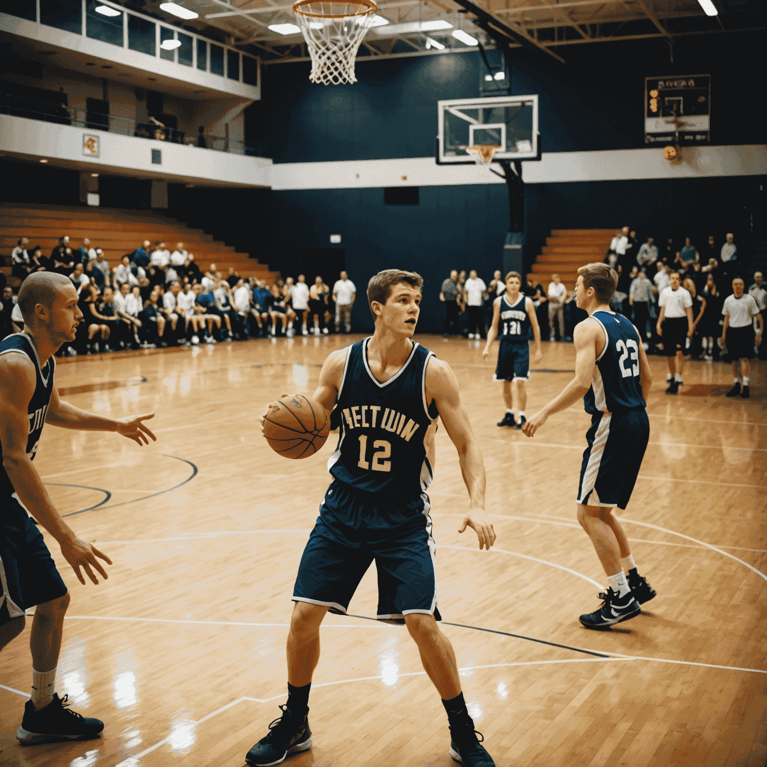 Bir bölgesel basketbol liginde maç yapan amatör oyuncular, sahada mücadele ederken arkada küçük bir seyirci grubu görünüyor