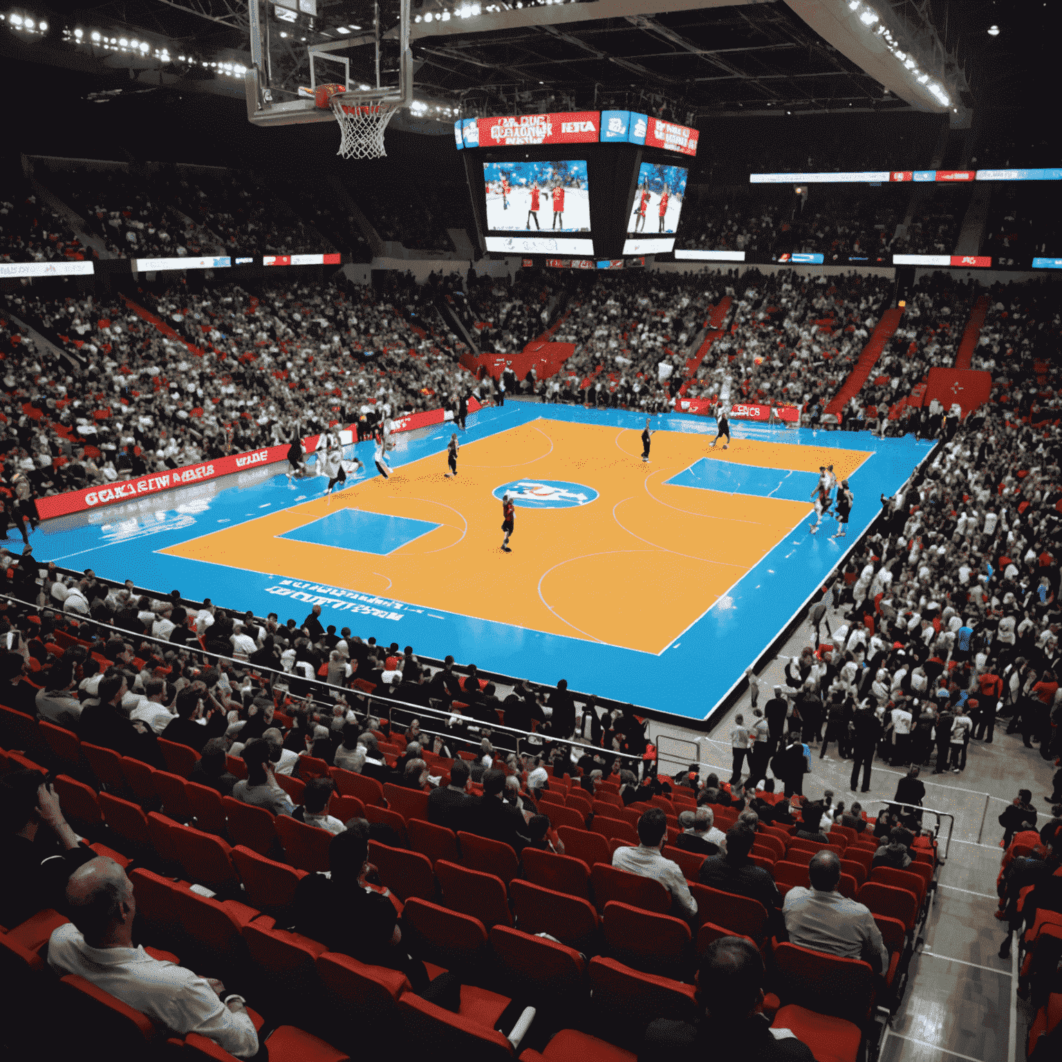 Türk basketbol liginden bir maç anı. Tribünler dolu, oyuncular sahada mücadele ediyor.